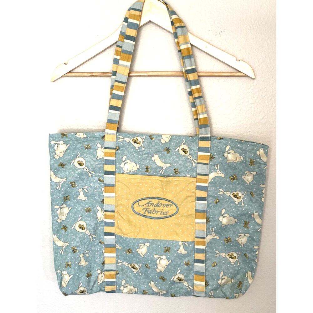 Andover Fabrics Cloth Tote Bag Floral 19"X15"X2" Spring Tote Easter Bunny Blue
